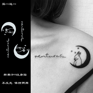 可爱月亮上兔子 草本果汁纹身贴防水女持久浮世绘英文肩部贴纸