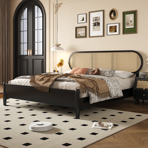 法式藤编全实木床1.8米储物双人床黑色小户型家用1.5米主卧婚床