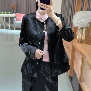 新中式外套女复古轻国风醋酸提花带里衬黑色上衣时尚改良唐装外衣
