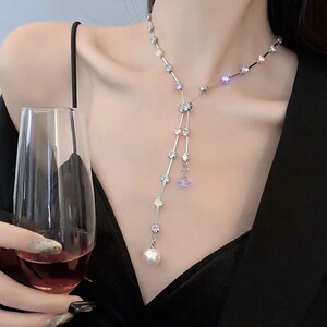 七尾~长款y形锆石流苏珍珠项链韩国ins女质感冷淡风锁骨链