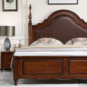 美式乡村复古全实木1.8米双人床主卧室婚床大床胡桃色软包真皮床