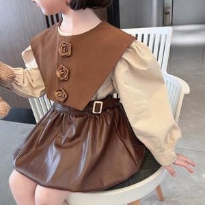 绝美女童花朵皮裙套装2022秋冬款儿童气质中小童时尚洋气三件套