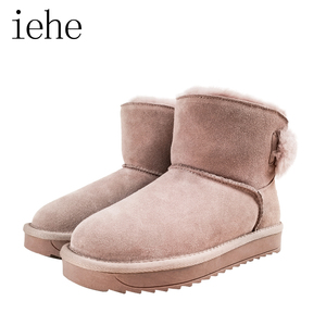 Iehe/艾依和羊毛雪地靴女冬季新款短筒短靴真皮加绒保暖防滑平底