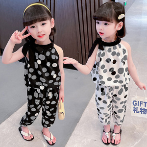 女宝宝夏季雪纺套装中小童4韩版圆点挂脖上衣0-3岁女童洋气两件套