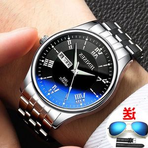 2018蓝光手表男学生超薄双日历钢带机械夜光防水石英圆形国产腕表