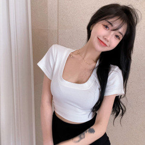 性感方领白色t恤女短袖夏ins潮纯欲辣妹高腰短款紧身低胸u领上衣