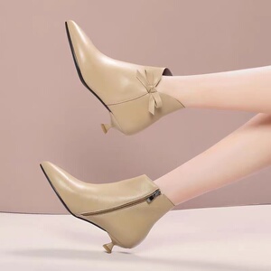 3cm公分小跟鞋猫跟通勤小短靴女v口真皮低跟尖头细跟韩版及裸靴女