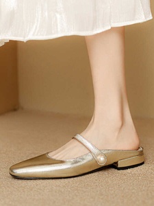 包头半拖鞋女夏季外穿真皮银色平底一字带玛丽珍穆勒凉拖半托单鞋