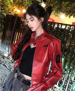 MOXI鞠婧祎同款甜酷机车朋克女孩复古美式小立领红色夹克皮衣外套