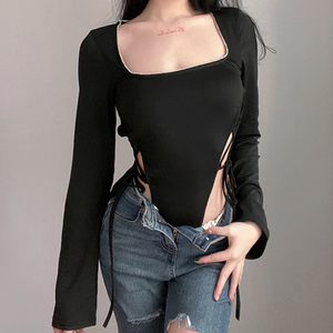 amyway欧美风性感方领镂空绑带连体衣辣妹百搭露腰紧身长袖上衣女