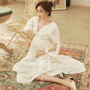新款影楼孕妇拍照大肚写真服装公主风仙女唯美居家风蕾丝连衣裙