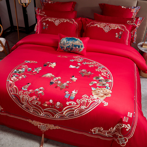 中式160支纯棉百子图婚庆四件套全棉大红喜被结婚十件套床上用品