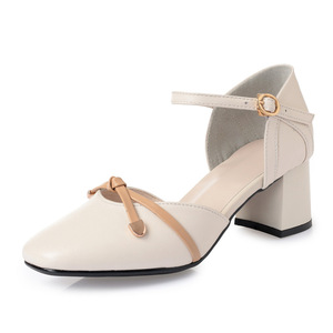 2022春季奥伦女鞋单鞋中空粗跟撞色中跟女士皮鞋薄款女鞋