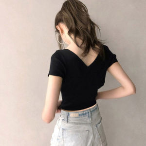 黑色V领露脐短袖t恤女夏2024短装低领紧身高腰短款后背小心机上衣