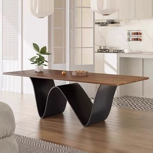意式极简实木餐桌设计师简约家用办公桌铁艺独腿大板长桌洽谈桌