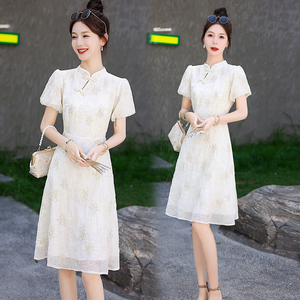 改良版中式旗袍蕾丝连衣裙女夏季新款优雅气质雪纺提花泡泡袖长裙