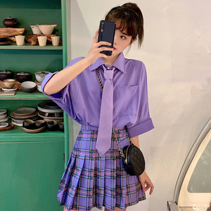 夏季2021新款韩版紫色宽松显瘦高腰学生jk制服领带短裙衬衫三件套