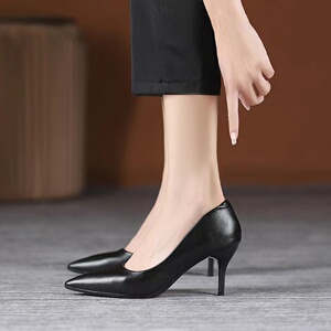 尖头高跟鞋女细跟软底面试空乘学生礼仪课正装通勤黑色工作鞋皮鞋