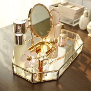 欧美简约现代式样板间软装金属玻璃镜面托盘金色收纳梳妆台盘摆件