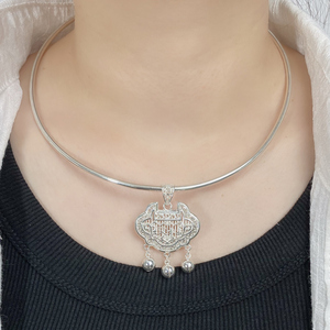 银项圈成人女999纯银女士圆杆银脖圈民族风银锁长命锁长命富贵