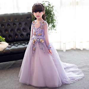 儿童礼服女紫色拖尾公主裙生日小主持人才艺演出服艺术摄影礼服裙