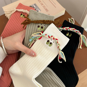 眼睛刺绣袜子女春秋款中筒袜辫子毛线手工编织可爱个性创意堆堆袜