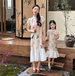 新中式亲子装夏季母女装改良版旗袍连衣裙国风女童拼纱裙子