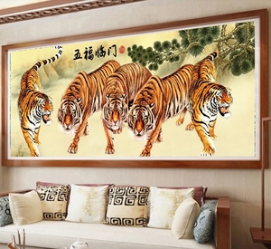 魔方钻新款客厅背景五福临门钻石画满钻点砖五虎十字绣老虎图粘贴
