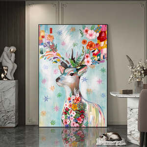 手绘梅花鹿油画现代客厅装饰画麋鹿动物走廊玄关挂画美式餐厅壁画