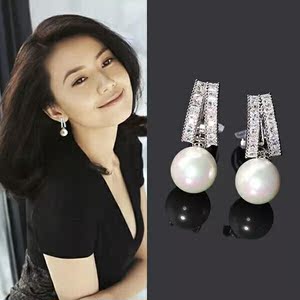 高圆圆明星同款珍珠几何耳环女韩国耳钉纯银时尚气质百搭耳夹耳坠