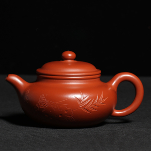 宜兴紫砂壶纯手工名家陈菊华大红袍朱泥茶壶茶具单品刻绘仿古壶