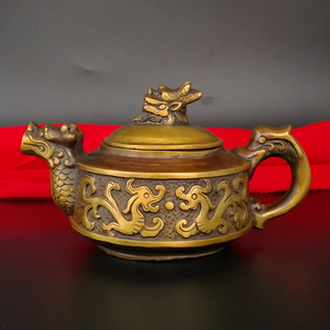 铜茶 酒壶摆件黄铜工艺品仿古收藏吉祥用品家居饰品双龙戏珠茶壶