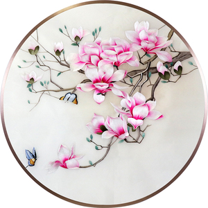 苏绣成品挂画玉兰花鸟玄关屏风隔断中式客厅纯手工真丝圆形刺绣画