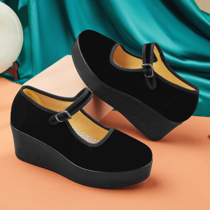 老北京布鞋女工作坡跟一字带酒店上班礼仪舞蹈黑色软底防滑单鞋子