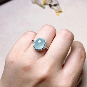 翡翠戒指女冰种戒面925银镶嵌白冰蛋面玉石指环a货缅甸天然活口戒