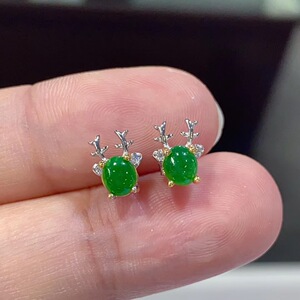 翡翠耳环女缅甸天然a货925银镶嵌蛋面阳绿玉石耳钉冰种简约气质款