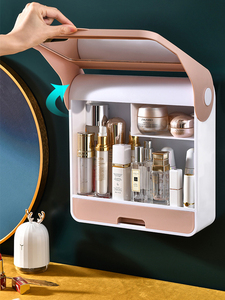 化妆品收纳盒带镜子墙挂式家用大容量一体防尘防水用护肤品置物架