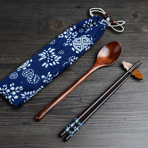 日式筷子勺子套装布袋实木质筷勺便携式情侣户外餐具学生一人一套