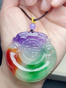 一元拍卖天然缅甸老坑a货翡翠冰种三色福禄寿玉石如意锁吊坠挂件