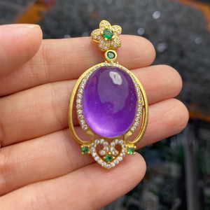 拍卖缅甸老坑种天然翡翠冰种紫罗兰蛋面镶嵌冰紫玉石吊坠玉坠子