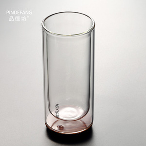 双层隔热水杯创意红檀木底简约防烫隔热耐热圆柱式水杯绿茶杯