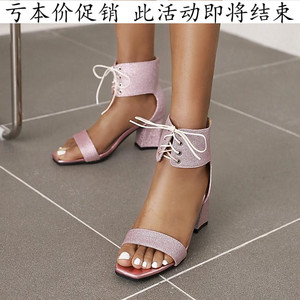 外贸特大码女鞋41一43新款44 45 46 47 48性感露趾粗跟高跟凉鞋子