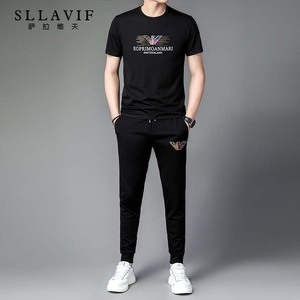 萨拉维夫奢侈品短袖运动套装男夏季中青年时尚休闲长裤T桖两件套
