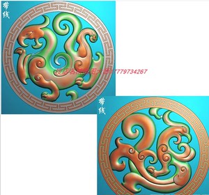 圆形仿古兽洋花草龙草凤龙凤万字边框圆盘玉雕挂件精雕图浮雕石雕