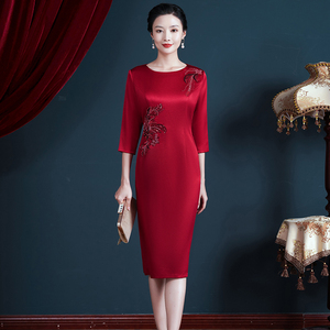 婚礼妈妈礼服2022年春秋新款羊毛呢连衣裙高贵喜婆婆婚宴装年轻款