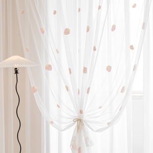 粉色小草莓窗纱2022新款阳台纱白纱客厅卧室飘窗窗帘免打孔魔术贴