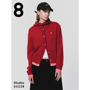 Studio1till8 8 红色粉色拼接连帽衫秋冬设计感上衣针织毛衣开衫