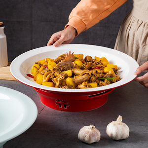 机械手炒鸡同款专用盘子红色鱼头泡饼剁椒鱼头盘深盘加热保温炉座