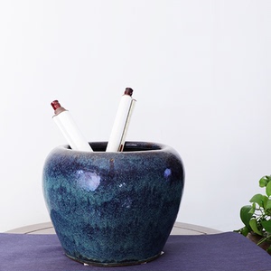 日月堂老宜兴钧釉卷缸蓝色带款字画缸民国古董古玩案头摆件老物件