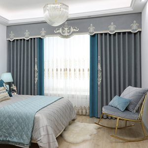 简欧雪尼尔卧室遮光窗帘平幔帘头奢华落地窗韩式挂钩帘绣花纱定制